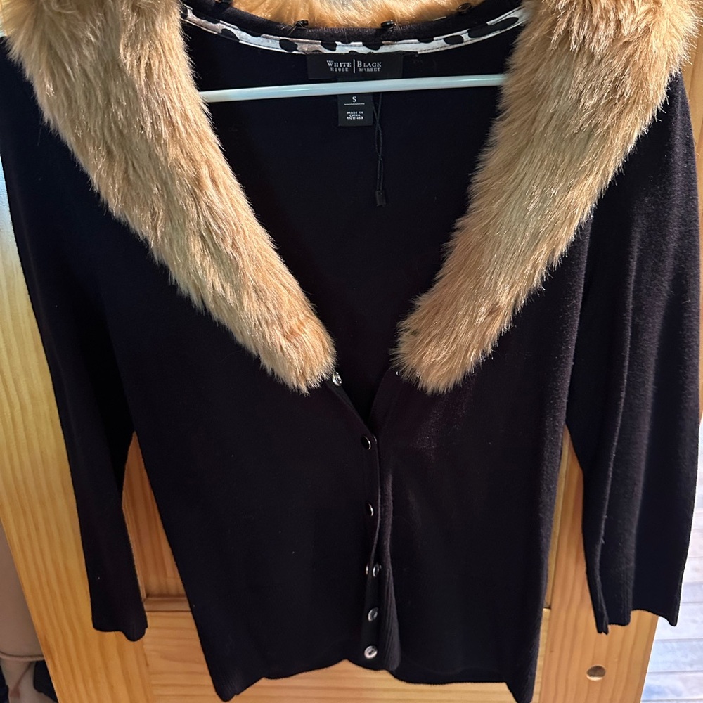 White House Black Market Black and Tan Cardigan with Faux Fur Trim